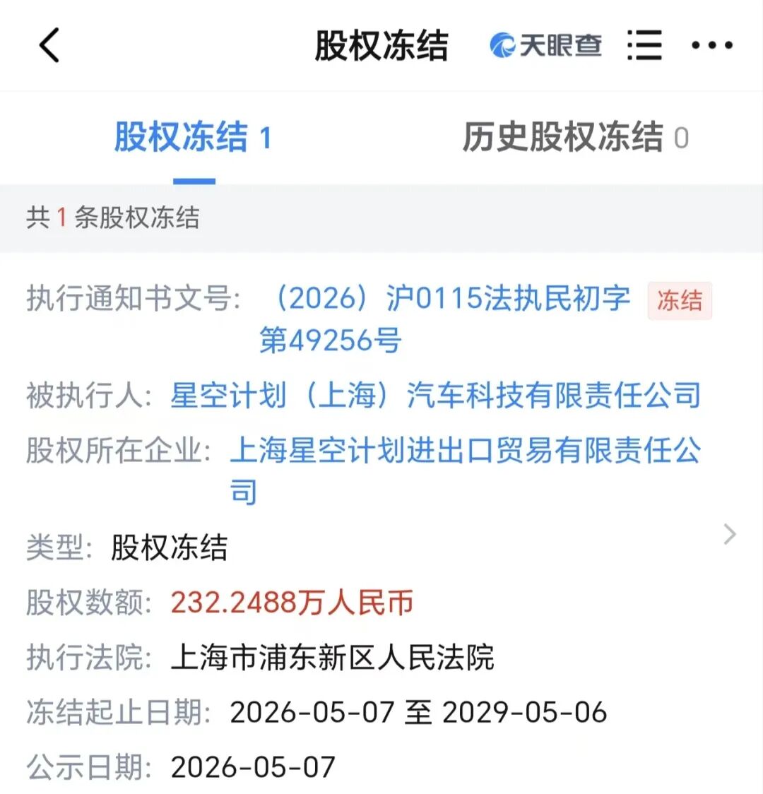 追觅造车主体公司232万元股权被冻结